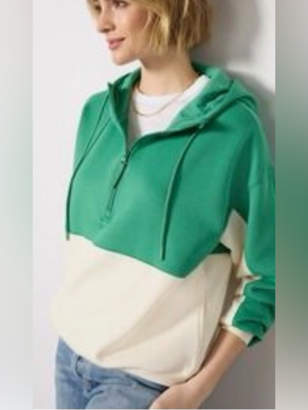 Z Supply Green & White Colorblock Half-Zip Oversized Hoodie Sweatshirt - Size XS